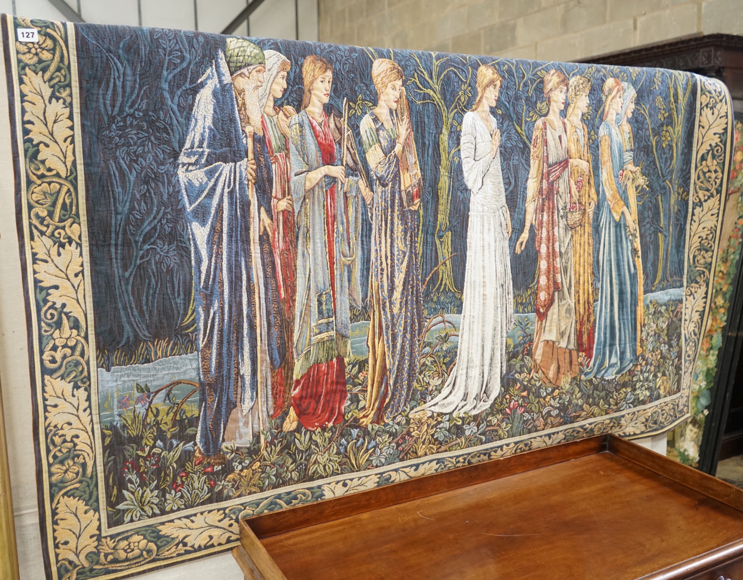 A Hines of Oxford after Burne-Jones a polychrome tapestry panel “Nuptial Procession”, width 188cm, height 122cm